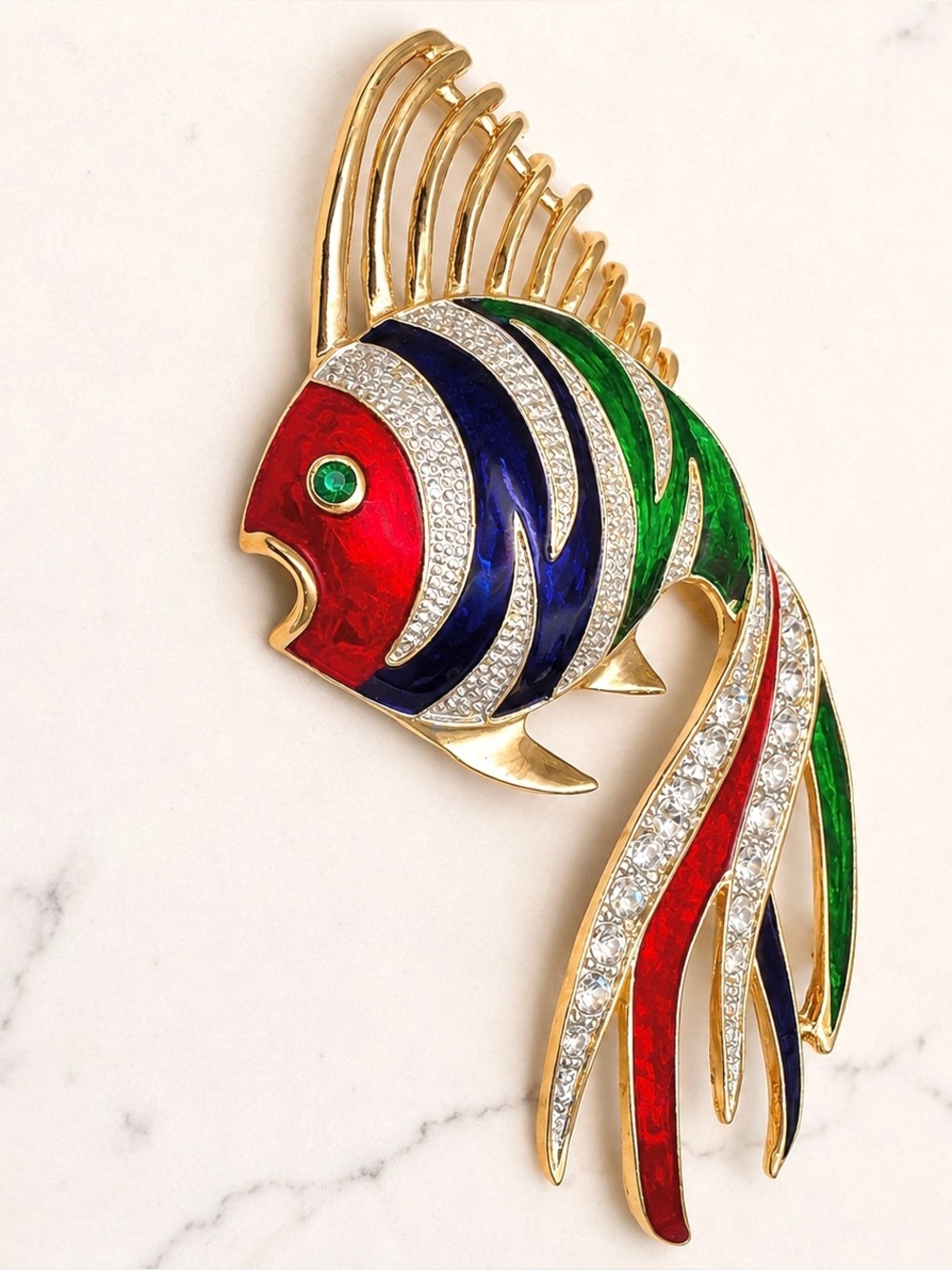 Large Colorful Tropical Fish Brooch Rhinestone Enamel Gold Tone Vintage Pin - Picture 5 of 10